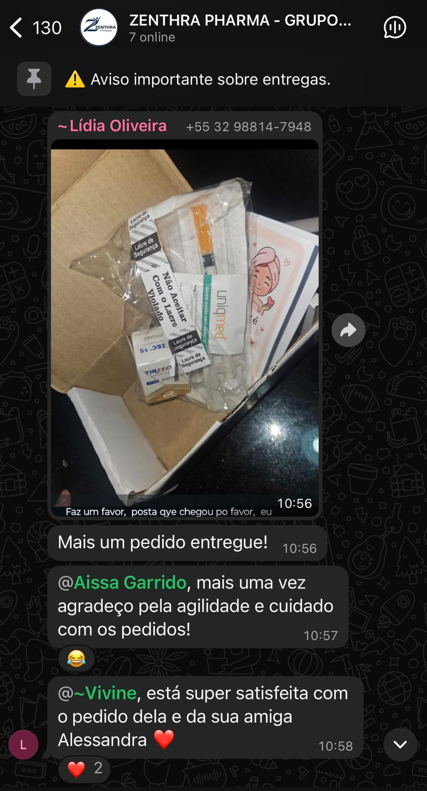 Print real de depoimento de cliente Zenthra no WhatsApp